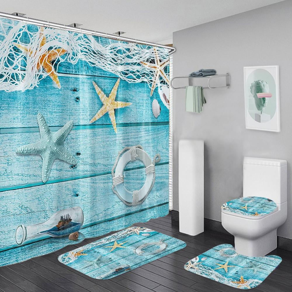 Zerofeel Sea Theme Sandy Beach Shower Curtain Set , Wooden Starfish  Seashells Polyester Fabric Shower Curtain Bathroom Sets + 12 Hooks Rings,  72x72 Inches 