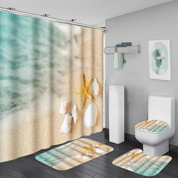 Zerofeel Sea Theme Sandy Beach Shower Curtain Set , Wooden Starfish Seashells Polyester Fabric Shower Curtain Bathroom Sets + 12 Hooks Rings, 72x72 Inches