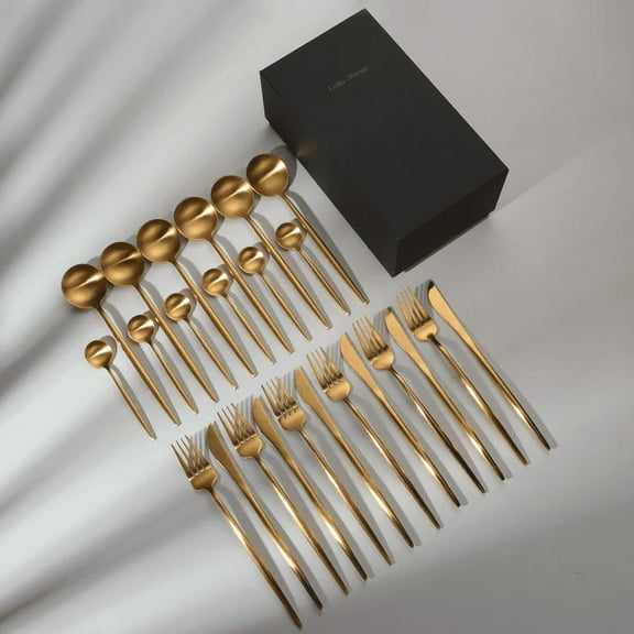 Zerophilo 24-Piece Matte Gold Flatware Set for 6, 18/10 Stainless Steel Titanium Plated Cutlery, Dishwasher Safe