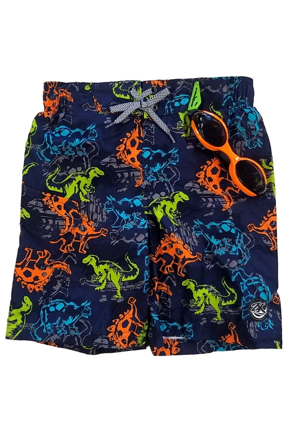 Boys Blue Dinosaur Board Shorts Swim Trunks Set With Goggles Med 5-6