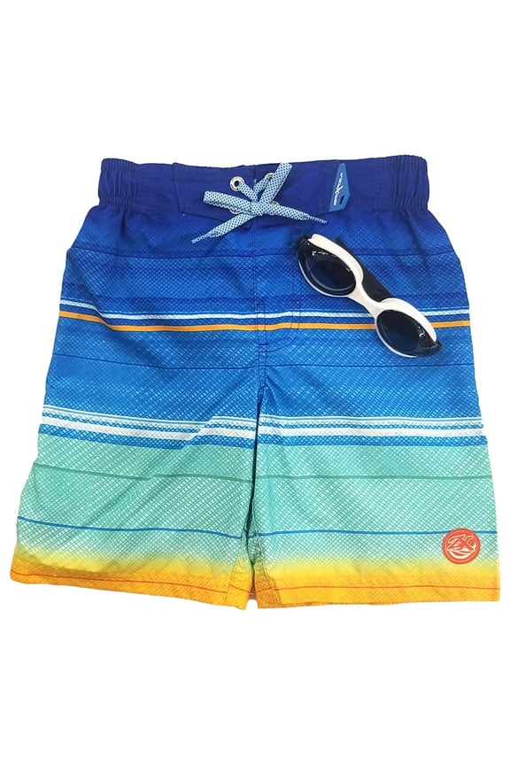 Boys Blue Stripe Board Shorts Swim Trunks Set With Goggles Med 5-6