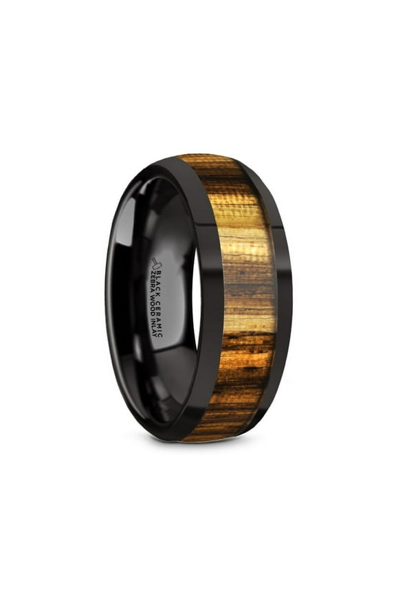 Zerra Black Ceramic Polished Finish Mens Domed Wedding Ring With Zebra Wood Inlay