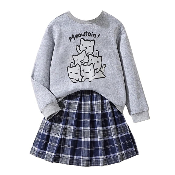 Zesgjue Girls' Fashion Casual Long Sleeved Top And Plaid Pleated Skirt Set Sizes 5-6 Years, Gray