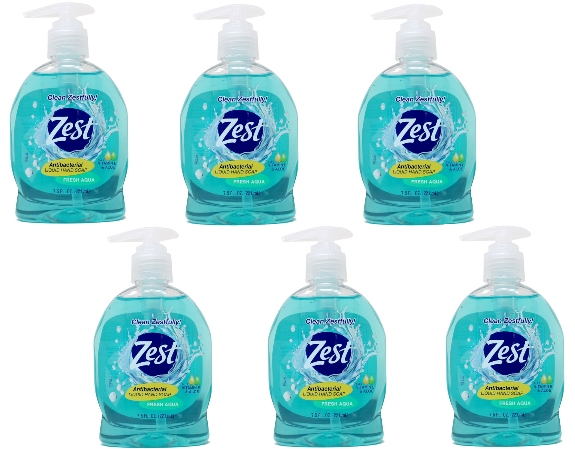 Zest Antabacterial Liquid Hand Soap Plus Vitamin E & Aloe Fresh Aqua 7.5 Fl Oz - 6 Pack