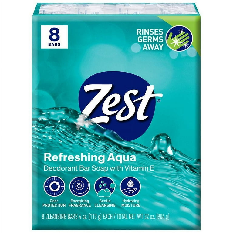 Zest Aqua Bar Soap, 4.0 OZ, Pack of 8, Moisturizer with Vitamin E