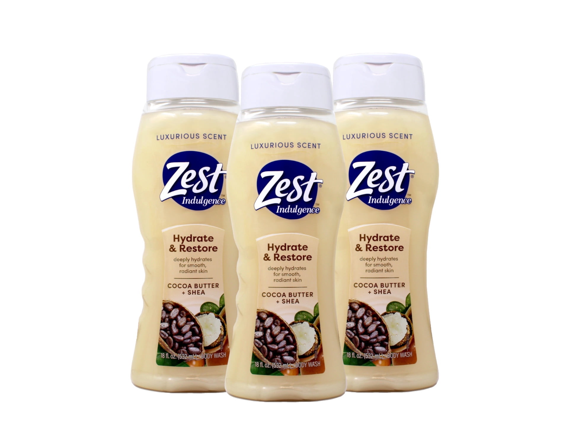 Zest Indulgence Hydrate Restore Body Wash Cocoa Butter Shea Moisture Lock Formula Luxurious Scent 18 fl oz (Pack of 3)