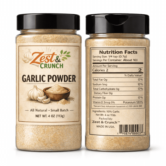 Zest & Crunch Garlic Powder, 4 oz – Pure Natural Garlic Seasoning, No Fillers, No Preservatives, Fine Ground Spice for Cooking, Meat, Sauces & Grilling