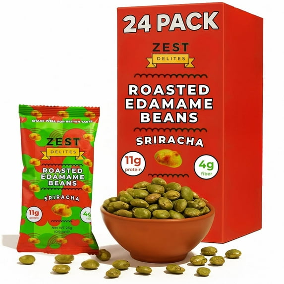 Zest Delites Edamame Beans Snack, Low Calorie High Protein Snacks (11g), Sriracha, 0.9 oz x 24 Packs