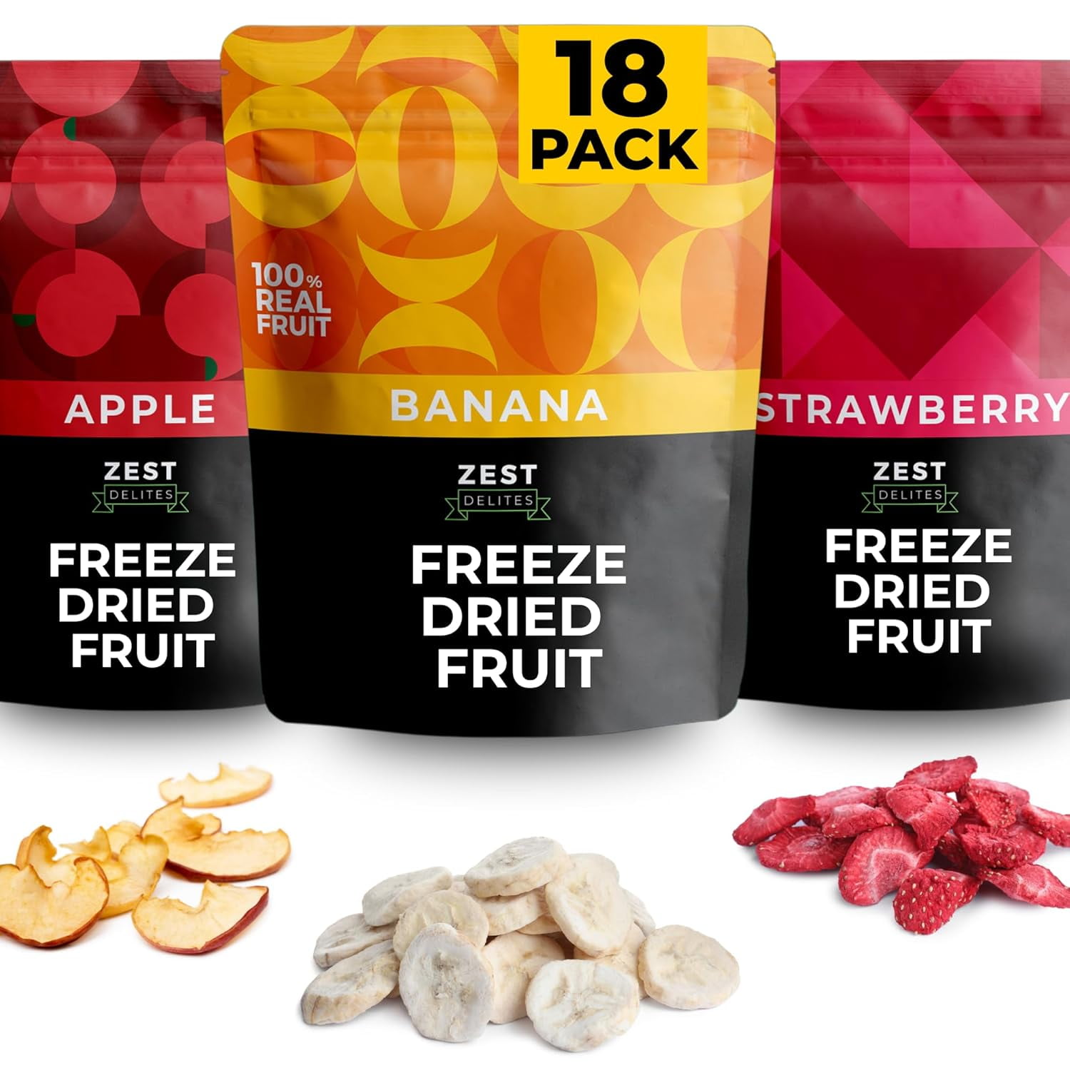Zest Delites Freeze Dried Fruit, Strawberries, Apples, Bananas, Healthy Adult Snack, 18 Pack