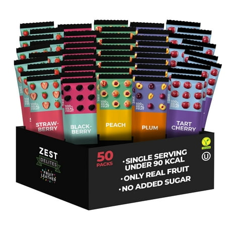 Zest Delites Fruit Leather Snacks Bulk, Vegan Fruit Bars, Healthy Snacks for Adults, 50 Pack