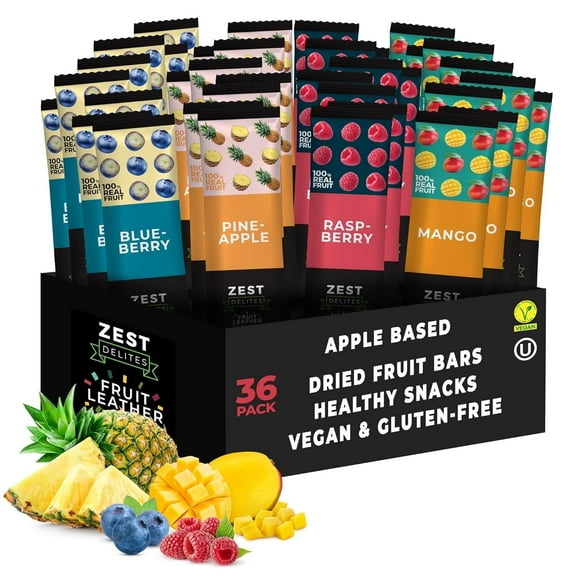 Zest Delites Fruit Leather Snacks, Vegan Fruit Bars, Berries & Tropical Flavors, Pack of 36