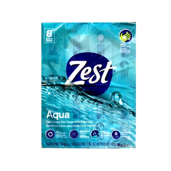 Zest (Pack Of 8 Bars) Aqua Deodorant Bar Soap With Vitamin E. All-In-One Exfoliating & Moisturizing Soap Leaves Skin Smooth & Radian! Great For Hands, Face & Body! (8 Bars, 3.2Oz Each Bar).