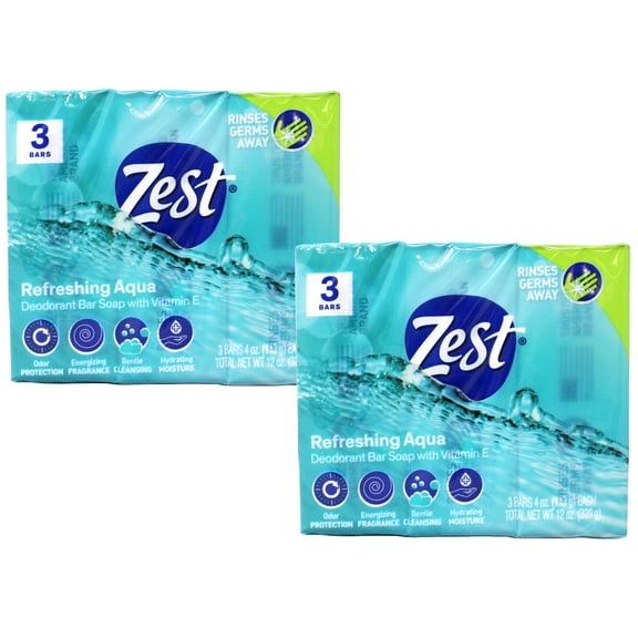 Zest Refreshing Aqua Bars Deodorant Bar Soap with Vitamin E, 3 Bars 4 OZ (113g) Each - 2 Pack