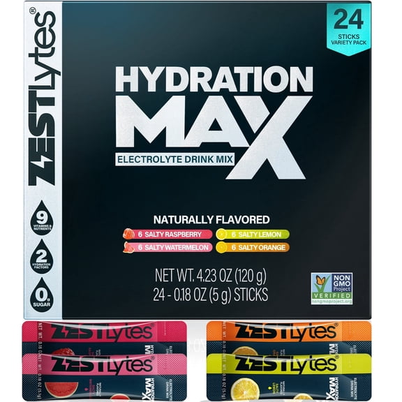 ZestLytes Salty Fruit Sugar Free Electrolyte Hydration Packets - Sugar Free & Low Calorie Drink Mix for Rapid Hydration, High Sodium & Potassium - 5 Vitamins - Salty Fruit Variety Pack, 24 Sticks