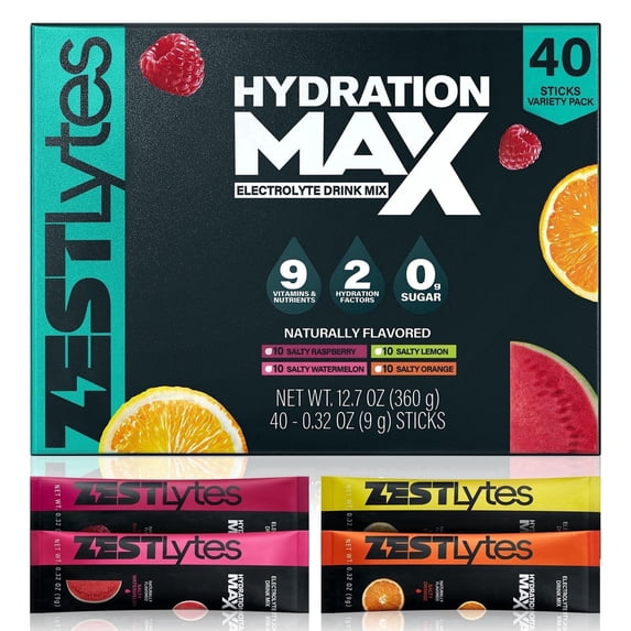 ZestLytes Sugar Free Electrolyte Powder Packets - 40 Sticks Variety Pack (Contains Four Flavors) - 2 Hydration Factors Drink Mix with 9 Vitamins & Nutrients - Keto Friendly Liquid Daily IV Flavors