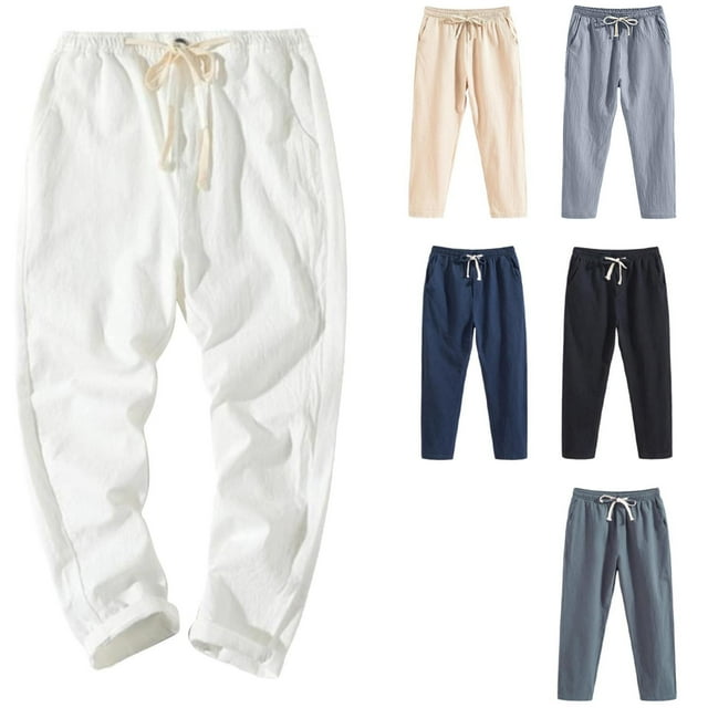ZestMode 2 Pack Mens Casual Pants Linen Harem Drawstring Pants Elastic Waist Trouser Hippie Summer Beach Pants Loose Straight Cotton Bloomers Summer Pants Breathable Pants