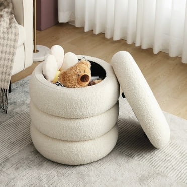 Zesthouse 16" Wide Boucle Round Storage Ottoman, Sherpa Fabric Vanity Stool, Modern Upholstered Footrest Stools for Living Room Bedroom, White