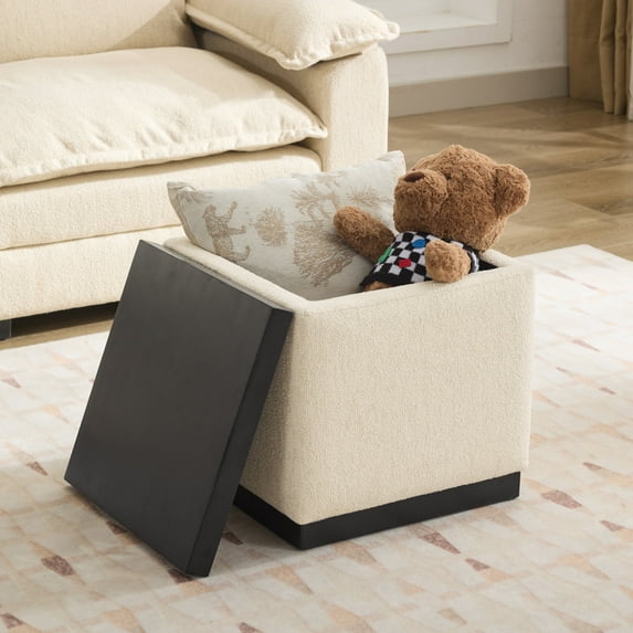 Zesthouse 17.9″ Wide Storage Ottoman Coffee Table, Square Ottoman with Storage, Modern Linen Foot Stool with Black Solid Wooden Tray Lid & Base for Living Room, Bedroom, Beige