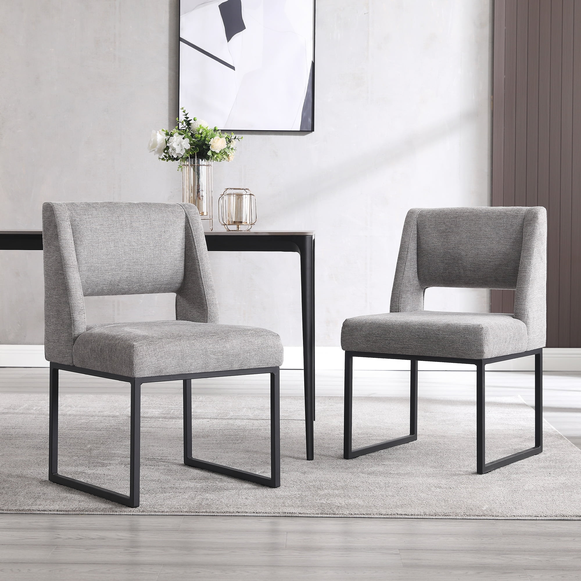 Zesthouse 18.3" Linen Dining Chairs Set of 2, Extra Thick Upholstered Side Chair with High Back and Metal Legs, Modern Armless Kitchen Chairs for Dining Room, Gray