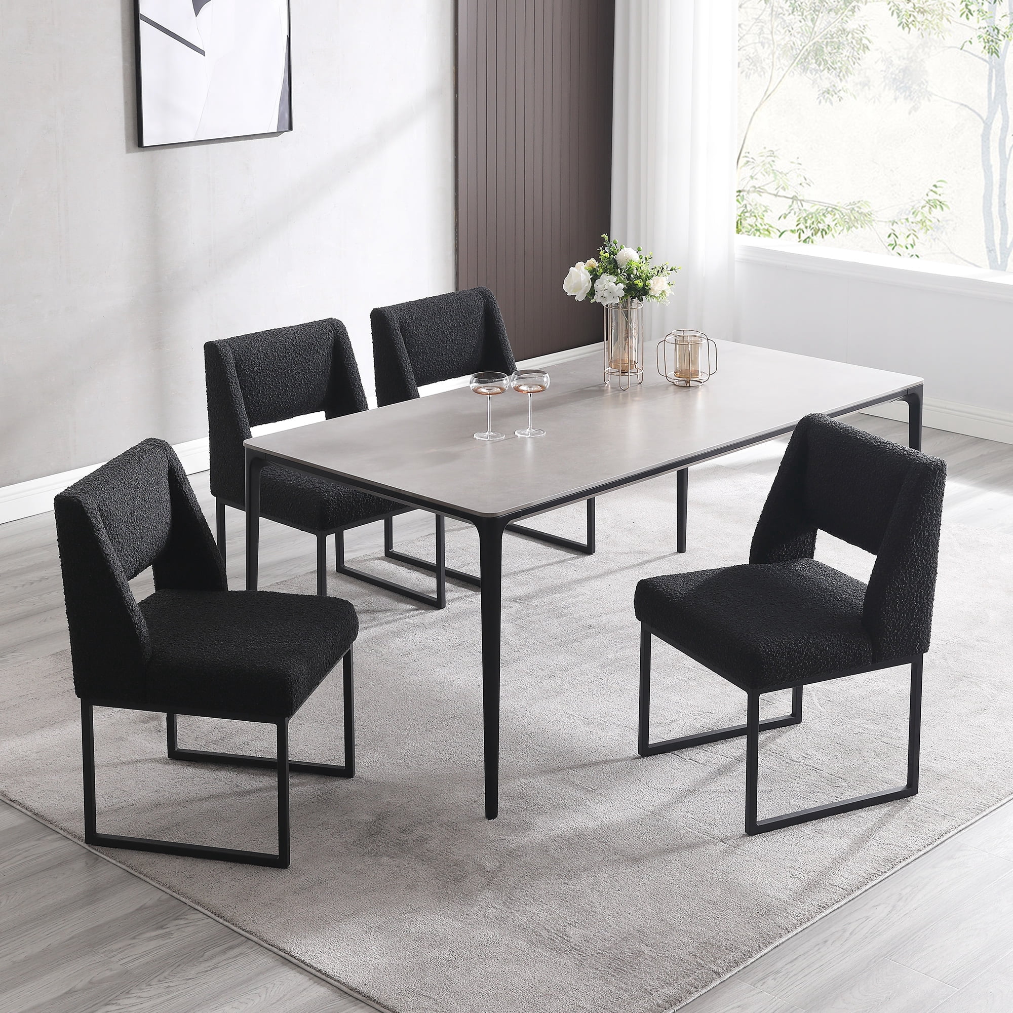 Zesthouse 18.3" Modern Dining Chairs Set of 4, Boucle Fabric Dining Room Chairs with High Back and Metal Legs, Armless Upholstered Side Chair for Dining Room Kitchen, Black