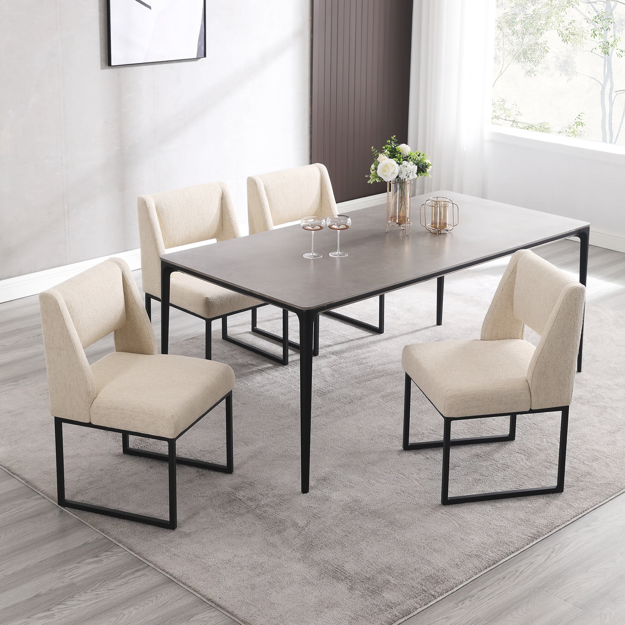 Zesthouse 18.3" Modern Dining Chairs Set of 4, Linen Fabric Dining Room Chairs with High Back and Metal Legs, Armless Upholstered Side Chair for Dining Room Kitchen, Beige
