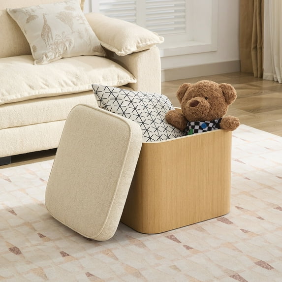 Zesthouse 18.3" Wide Storage Ottoman, Multi-Functional Footrest, Upholstered Linen Ottoman Tray, Natural Wood Frame, Modern Coffee Table for Living Room, Bedroom, Entryway, Beige