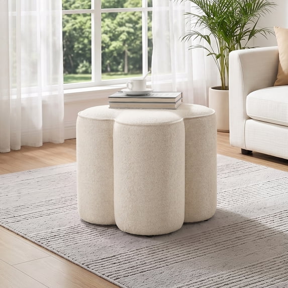 Zesthouse 18.5″ Linen Fabric Ottoman, Modern Ottoman Coffee Table for Living Room, Flower Shaped Foot Stools, Upholstered Footrest Stool for Couch, Beige