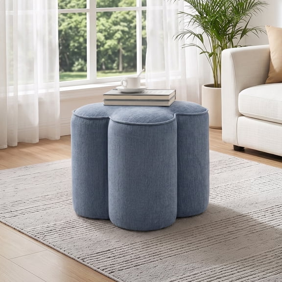 Zesthouse 18.5″ Linen Fabric Ottoman, Modern Ottoman Coffee Table for Living Room, Flower Shaped Foot Stools, Upholstered Footrest Stool for Couch, Blue