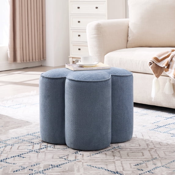 Zesthouse 18.5″ Linen Fabric Ottoman, Modern Ottoman Coffee Table for Living Room, Flower Shaped Foot Stools, Upholstered Footrest Stool for Couch, Blue
