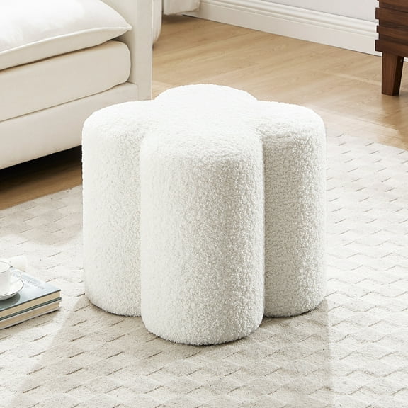 Zesthouse 18.5″Sherpa Fabric Ottoman, Modern Ottoman Coffee Table for Living Room, Flower Shaped Foot Stools, Upholstered Footrest Stool for Couch, White