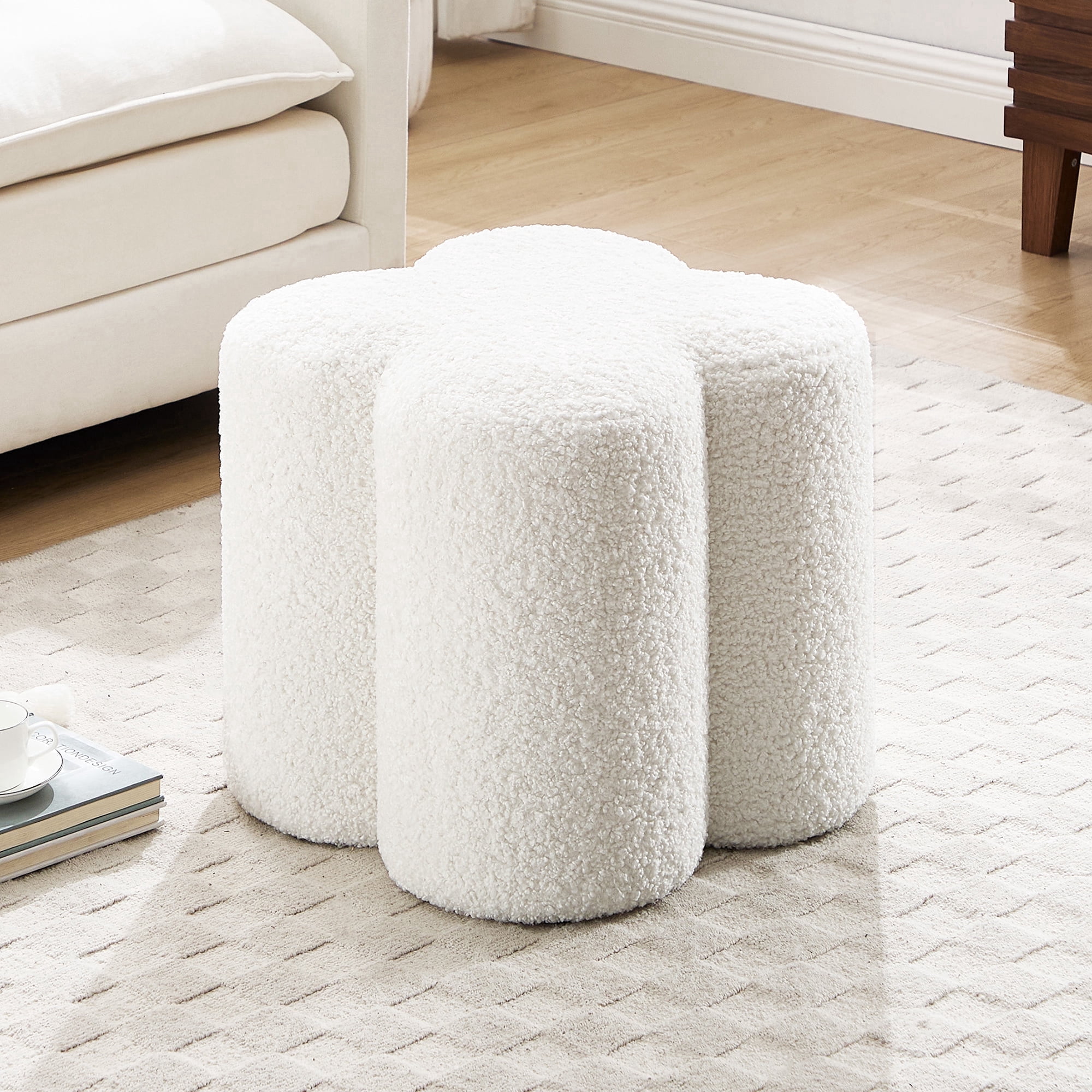 Zesthouse 18.5″Sherpa Fabric Ottoman, Modern Ottoman Coffee Table for Living Room, Flower Shaped Foot Stools, Upholstered Footrest Stool for Couch, White
