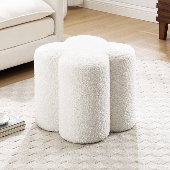 Zesthouse 18.5″Sherpa Fabric Ottoman, Modern Ottoman Coffee Table for Living Room, Flower Shaped Foot Stools, Upholstered Footrest Stool for Couch, White