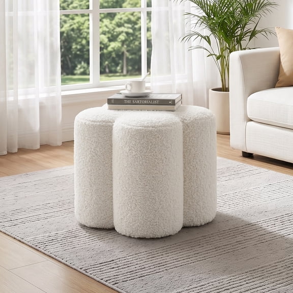 Zesthouse 18.5″Sherpa Fabric Ottoman, Modern Ottoman Coffee Table for Living Room, Flower Shaped Foot Stools, Upholstered Footrest Stool for Couch, White