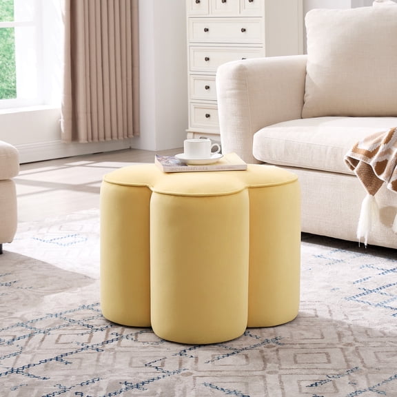 Zesthouse 18.5″ Velvet Fabric Ottoman, Modern Ottoman Coffee Table for Living Room, Flower Shaped Foot Stools, Upholstered Footrest Stool for Couch, Yellow
