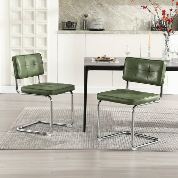 Zesthouse 19.3″Mid-Century Modern Dining Chairs Set of 2, Faux Leather Upholstered Kitchen Chairs with Back and Chrome Legs, Armless Side Chairs for Kitchen & Dining Living Room, Green