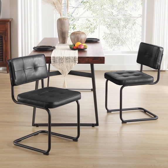 Zesthouse 19.3″Mid-Century Modern Dining Chairs Set of 2, Upholstered Faux Leather Dining Room Chairs with Back and Black Legs, Armless Side Chairs for Kitchen & Dining Living Room, Black