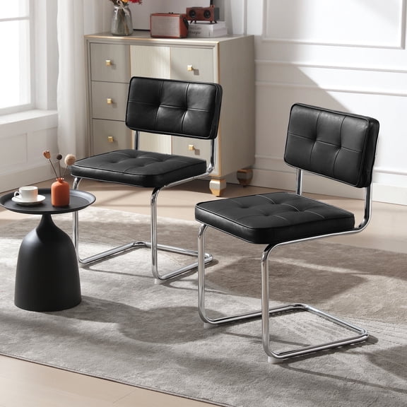 Zesthouse 19.3″Mid-Century Modern Dining Chairs Set of 2, Faux Leather Upholstered Kitchen Chairs with Back and Chrome Legs, Armless Side Chairs for Kitchen & Dining Living Room, Black