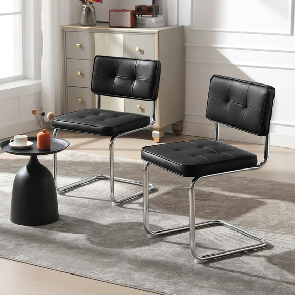 Zesthouse 19.3″Mid-Century Modern Dining Chairs Set of 2, Faux Leather Upholstered Kitchen Chairs with Back and Chrome Legs, Armless Side Chairs for Kitchen & Dining Living Room, Black