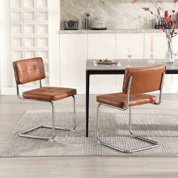 Zesthouse 19.3″Mid-Century Modern Dining Chairs Set of 2, Faux Leather Upholstered Kitchen Chairs with Back and Chrome Legs, Armless Side Chairs for Kitchen & Dining Living Room, Brown