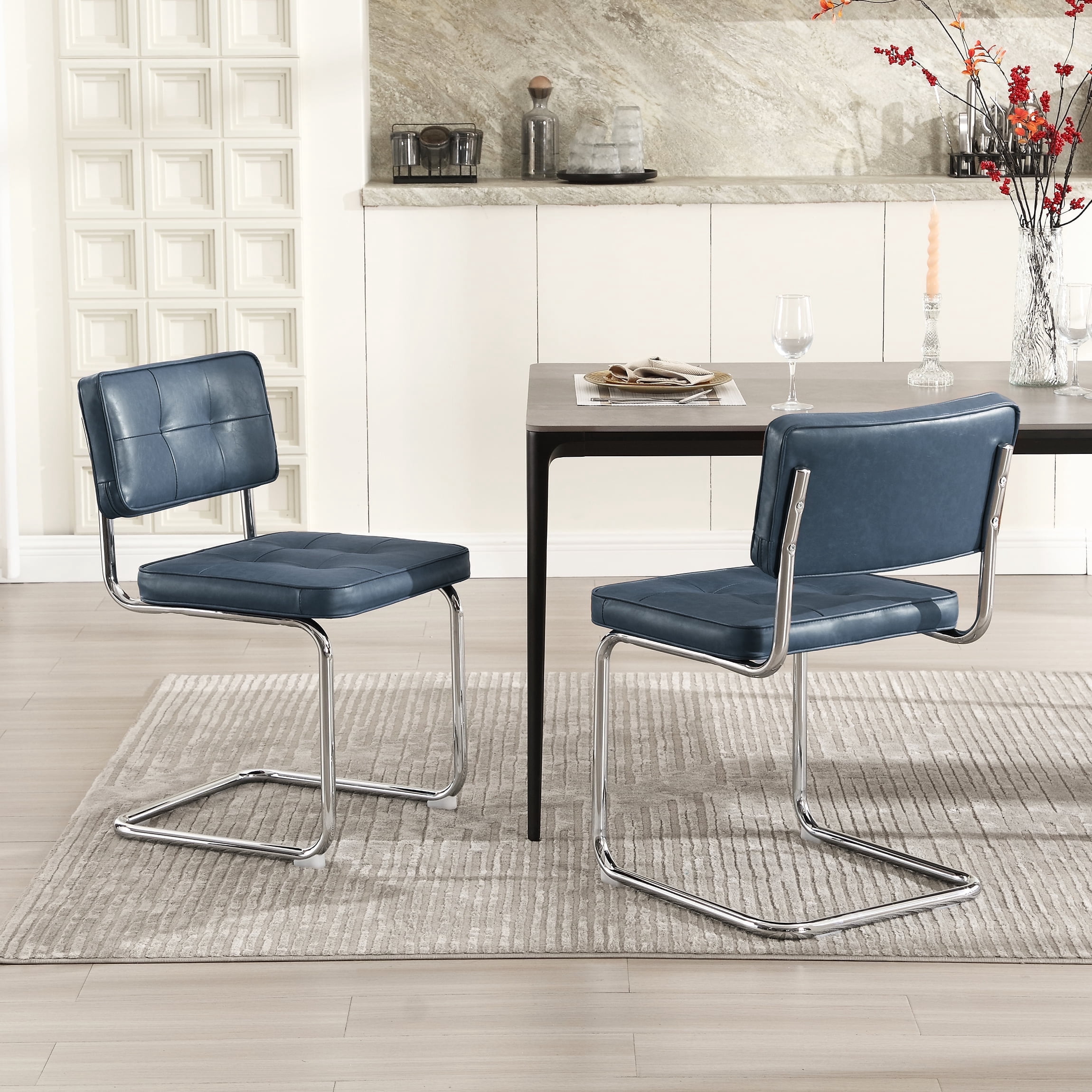 Zesthouse 19.3″Mid-Century Modern Dining Chairs Set of 2, Faux Leather Upholstered Kitchen Chairs with Back and Chrome Legs, Armless Side Chairs for Kitchen & Dining Living Room, Blue