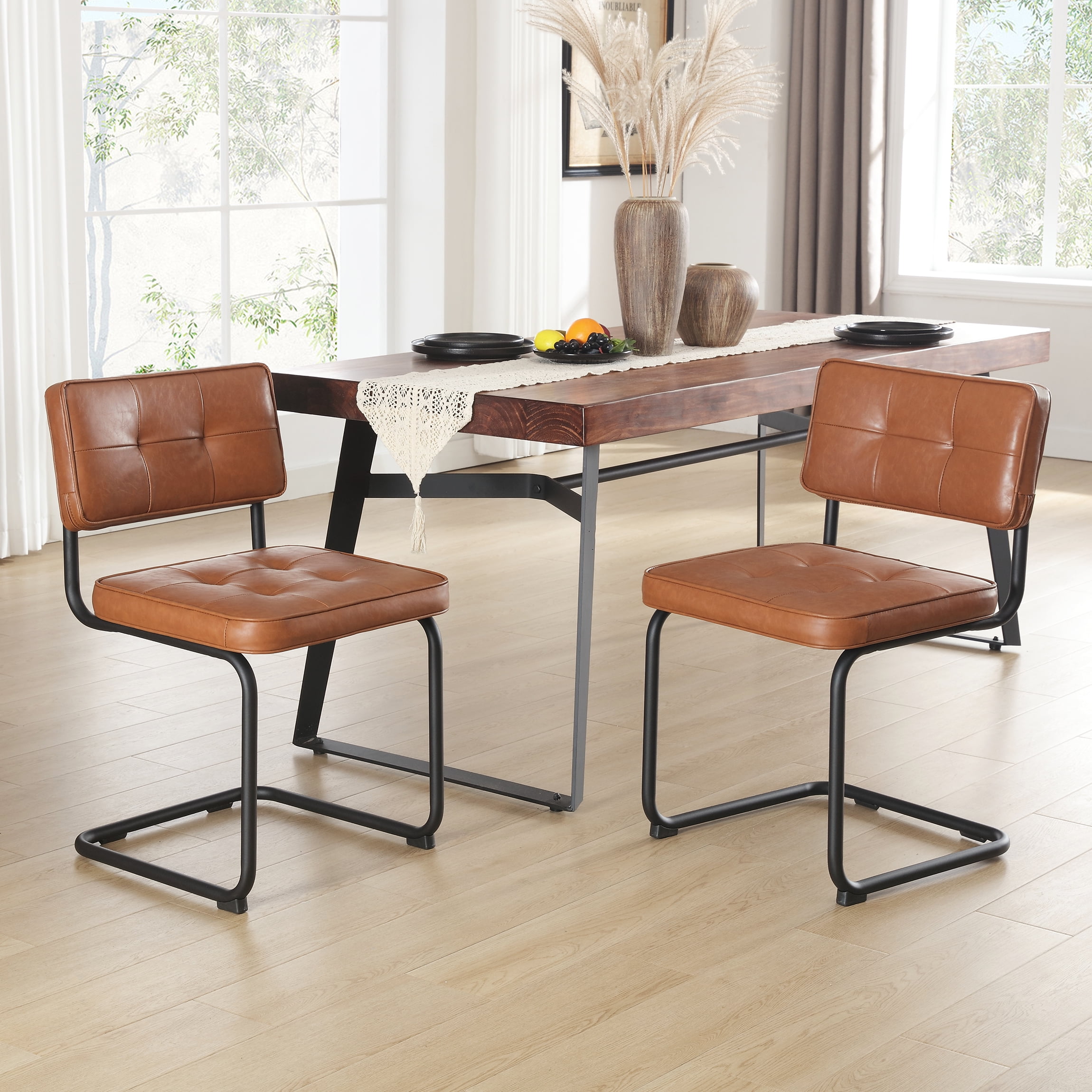Zesthouse 19.3???Mid-Century Modern Dining Chairs Set of 2, Faux Leather Upholstered Side Chairs ...