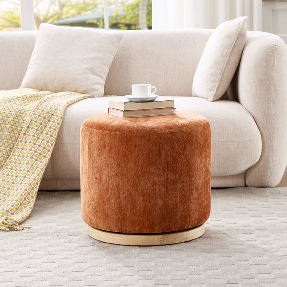 Zesthouse 19.7″ Swivel Round Ottoman, Chenille Upholstered Foot Stool with Solid Wood Base, Modern Vanity Stool for Living Room Bedroom Dorm, Brown