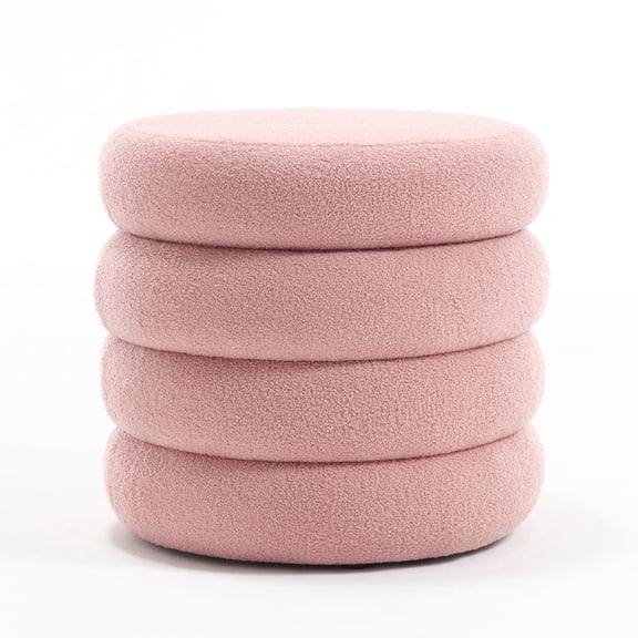 Zesthouse 19.5" Wide Round Boucle Storage Ottoman, Tufted Sherpa Ottoman Footstool for Living Room Bedroom, Pink