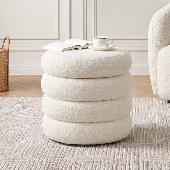 Zesthouse 19.5" Wide Round Boucle Storage Ottoman, Tufted Sherpa Ottoman Footstool for Living Room Bedroom, White
