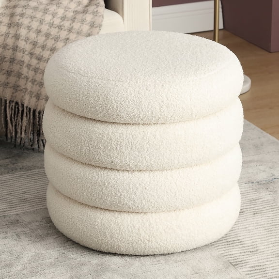 Zesthouse 19.5" Wide Round Boucle Storage Ottoman, Tufted Sherpa Ottoman Footstool for Living Room Bedroom, White