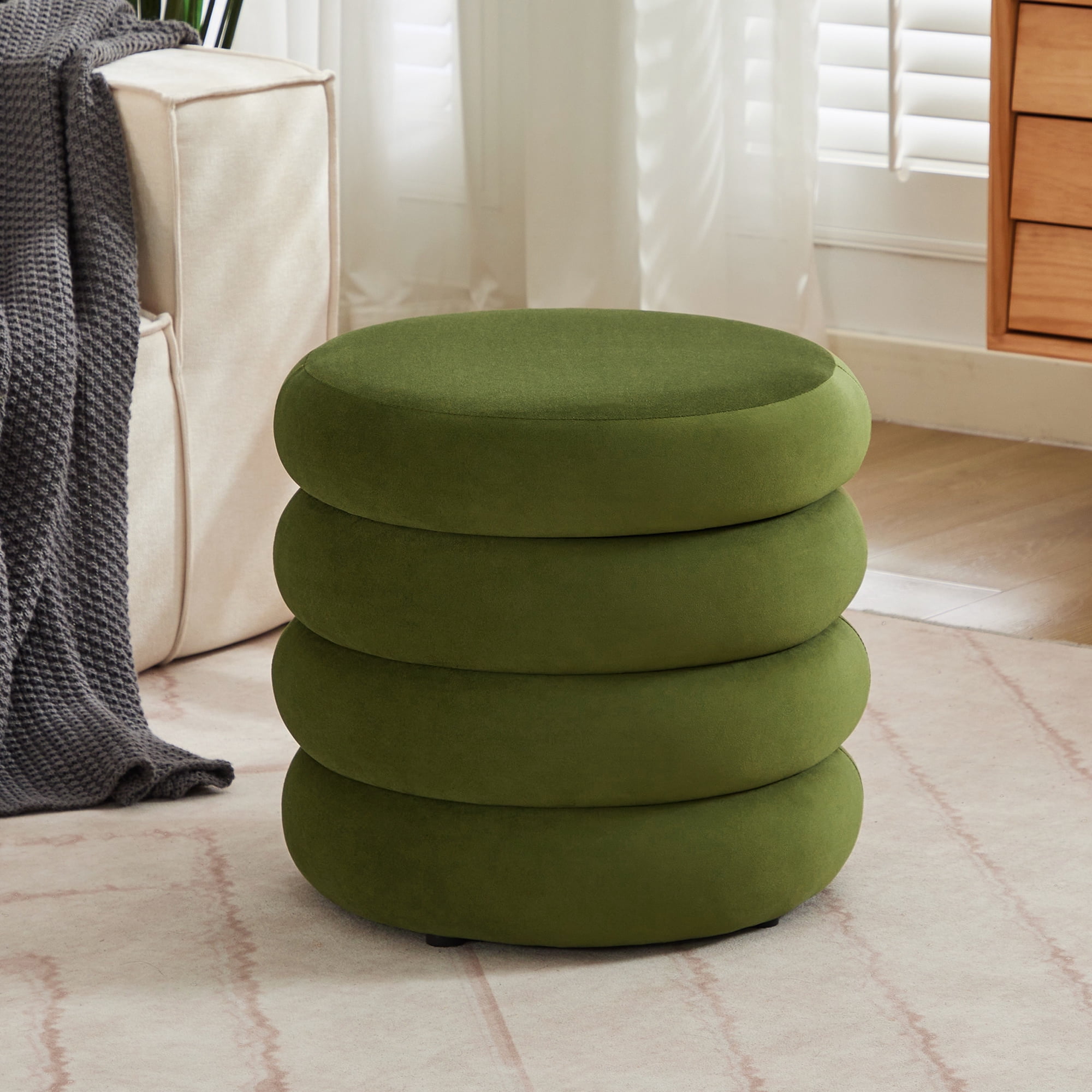 Zesthouse 19.5" Wide Round Storage Ottoman, Velvet Tufted Ottoman Footstool for Living Room Bedroom, Green