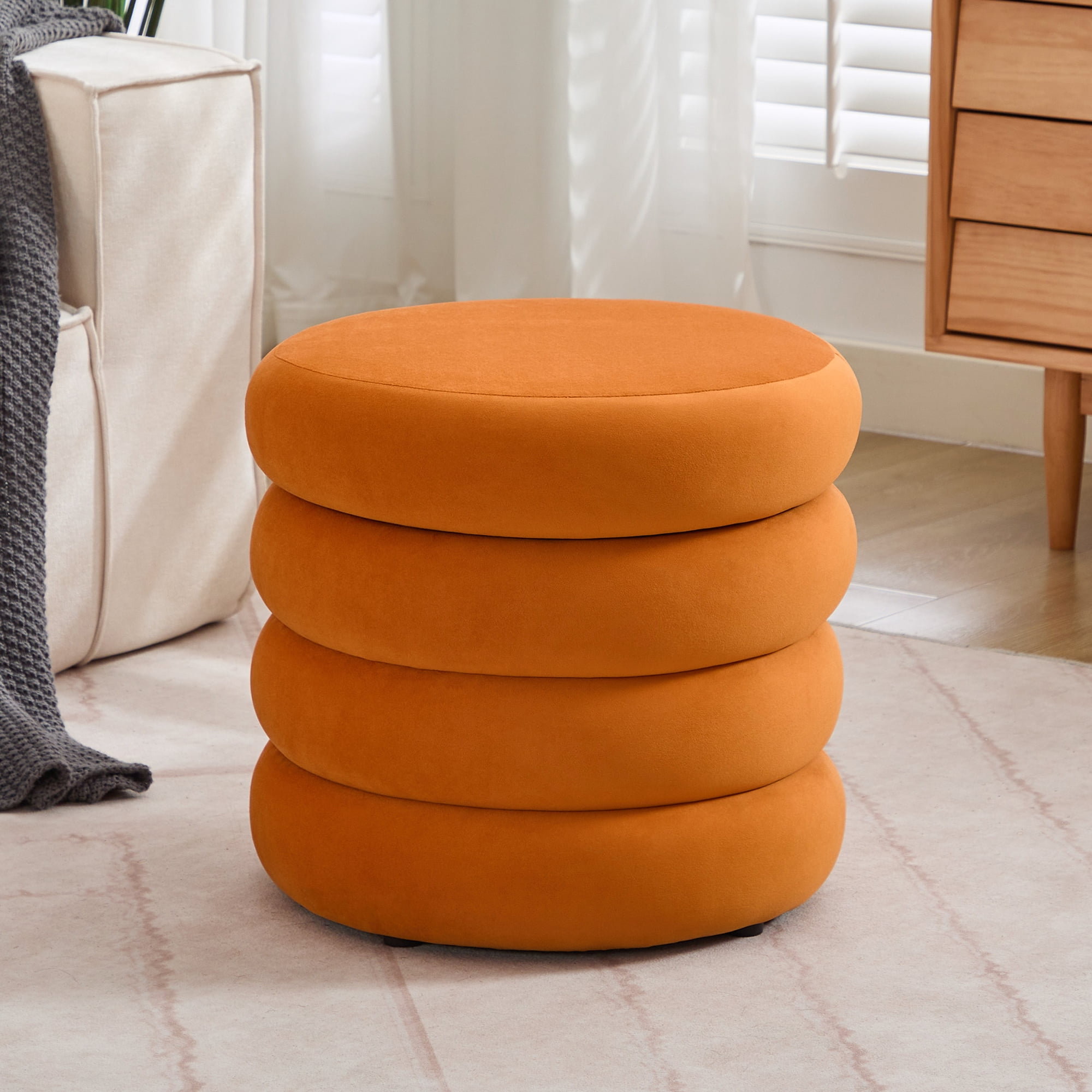 Zesthouse 19.5" Wide Round Storage Ottoman, Velvet Tufted Ottoman Footstool for Living Room Bedroom, Orange