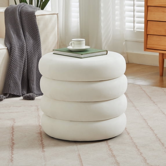 Zesthouse 19.5" Wide Round Storage Ottoman, Velvet Tufted Ottoman Footstool for Living Room Bedroom, White