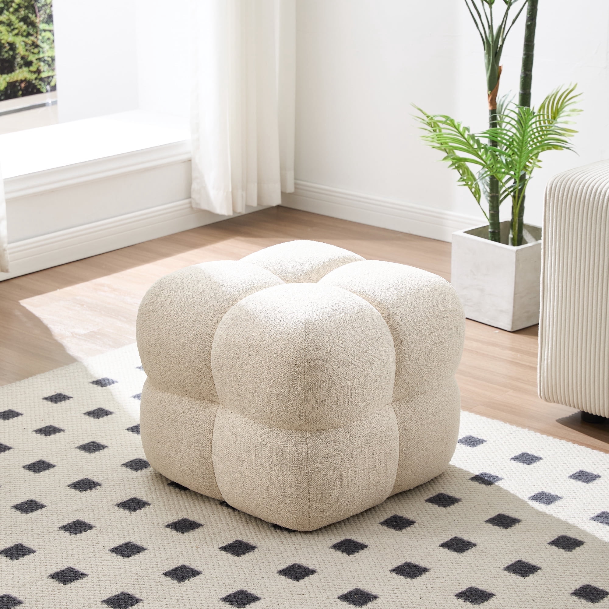 Zesthouse 20.9″ Wide Linen Ottoman, Modern Foot Stool, Square Upholstered Tufted Ottoman Coffee Table, Extra Seating for Living Room Bedroom, Beige