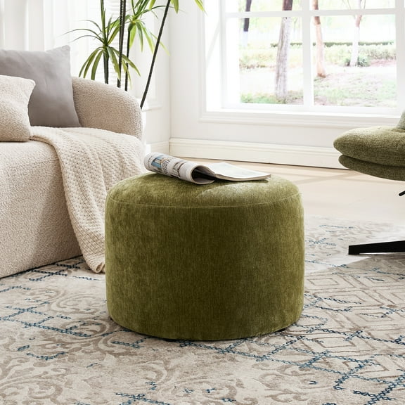 Zesthouse 22.6" Wide Round Ottoman, Modern Ottoman Coffee Table for Living Room, Chenille Fabric Couch Foot Rest, Upholstered Footstool for Makeup Room, Bedroom, Entryway, Green